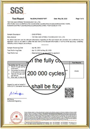 TieYing gas spring SGS 200000 cycles durability test certificate